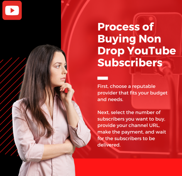 Process of Buying Non Drop YouTube Subscribers A thoughtful woman stands with her hand on her chin, looking at text that explains the process of buying non-drop YouTube subscribers. The background is red, with the YouTube logo in the top-left corner. The process involves choosing a reputable provider, selecting the number of subscribers, providing the channel URL, making the payment, and waiting for the delivery.