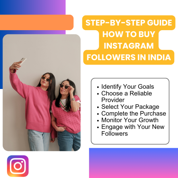 Step-by-Step Guide How to Buy Instagram Followers in India A guide titled "Step-by-Step Guide: How to Buy Instagram Followers in India" featuring two women taking a selfie, both wearing sunglasses and pink sweaters. A list of steps for buying followers is shown alongside the image.