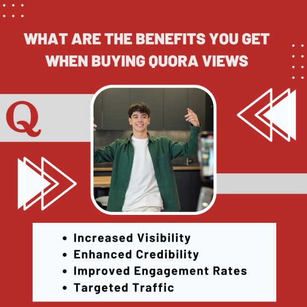 What Are The Benefits You Get When Buying Quora Views A promotional image titled "What Are the Benefits You Get When Buying Quora Views" featuring a smiling young man in casual attire, with a red and white Quora-themed design. Benefits listed include: Increased Visibility, Enhanced Credibility, Improved Engagement Rates, and Targeted Traffic.