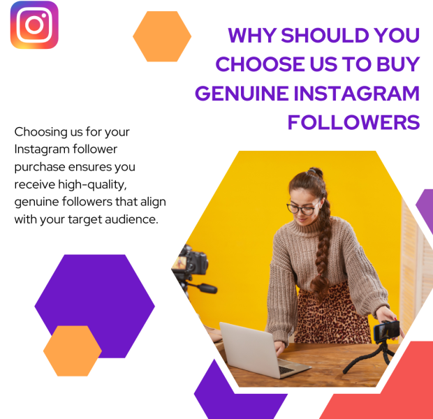 Why Should You Choose Us to Buy Genuine Instagram Followers A promotional image displaying a woman working with a camera and tripod setup in front of a yellow background, with text highlighting reasons to buy genuine Instagram followers.