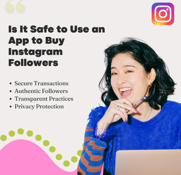 Is It Safe to Use an App to Buy Instagram Followers A smiling woman with shoulder-length dark hair, wearing a vibrant blue sweater, holding a pen near her lips while sitting at a desk with a laptop. The image includes the text, "Is It Safe to Use an App to Buy Instagram Followers," with bullet points for secure transactions, authentic followers, transparent practices, and privacy protection.