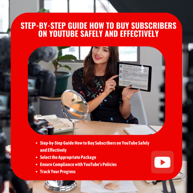 Step-by-Step Guide How to Buy Subscribers on YouTube Safely and Effectively A woman sitting at a desk holding a tablet while filming a video. The tablet displays text, and various filming equipment surrounds her. The image is framed with a red border, with a bold title that reads, "Step-by-Step Guide How to Buy Subscribers on YouTube Safely and Effectively."