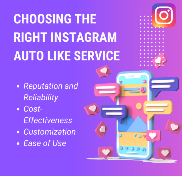 Choosing the Right Instagram Auto Like Service A 3D illustration of a smartphone with colorful floating likes, speech bubbles, and notifications around it. The text reads "Choosing the Right Instagram Auto Like Service".