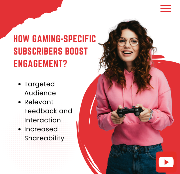 How Gaming-Specific Subscribers Boost Engagement_ A cheerful woman wearing glasses and a pink hoodie holds a gaming controller, standing against a dynamic red-and-white graphic background. Text overlay reads, "How Gaming-Specific Subscribers Boost Engagement?"