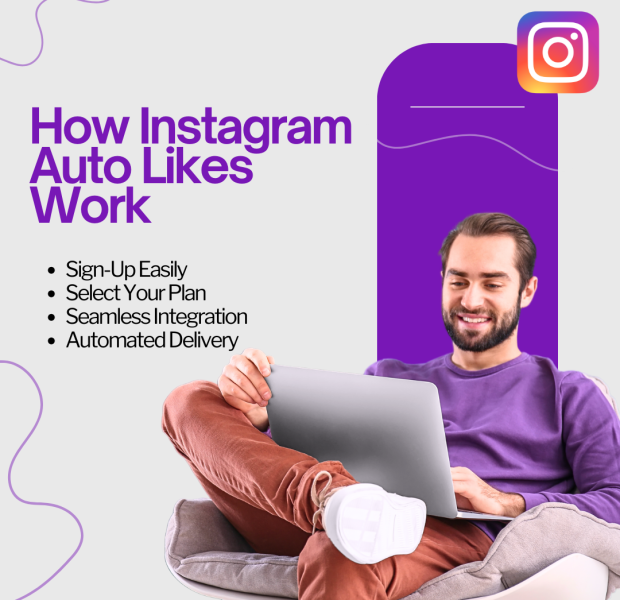 How Instagram Auto Likes Work A man in casual attire, seated comfortably on a chair, uses a laptop against a minimalistic background with purple and white accents. The text reads, "How Instagram Auto Likes Work,".