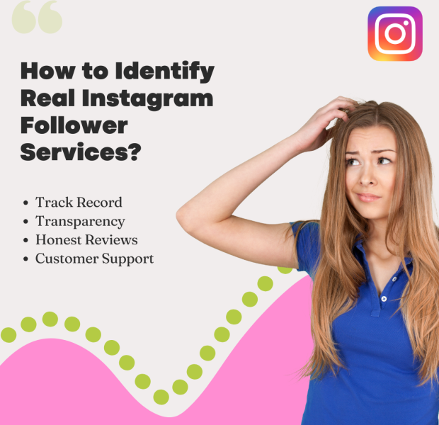 How to Identify Real Instagram Follower Services A young woman wearing a blue shirt looks puzzled, scratching her head. The text reads, "How to Identify Real Instagram Follower Services?".