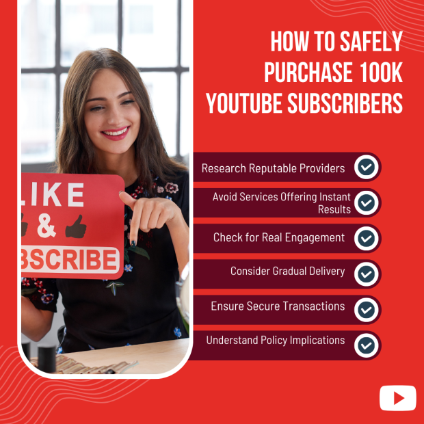 How to Safely Purchase 100k YouTube Subscribers A graphic with a red background showing a woman holding a "Like & Subscribe" sign. Beside her is a checklist titled "How to Safely Purchase 100K YouTube Subscribers,".
