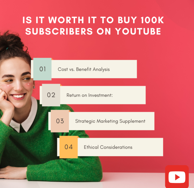 Is It Worth It to Buy 100k Subscribers on YouTube A woman in a green sweater is smiling with her chin resting on her hand, looking to the side. The image has a bright red background with text that reads, "Is it worth it to buy 100K subscribers on YouTube."