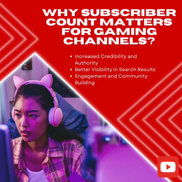 Why Subscriber Count Matters for Gaming Channels_ A young female gamer wearing cat ear headphones, focused on a computer screen in a neon-lit room. Red background with bold white text reading 'Why Subscriber Count Matters for Gaming Channels?.