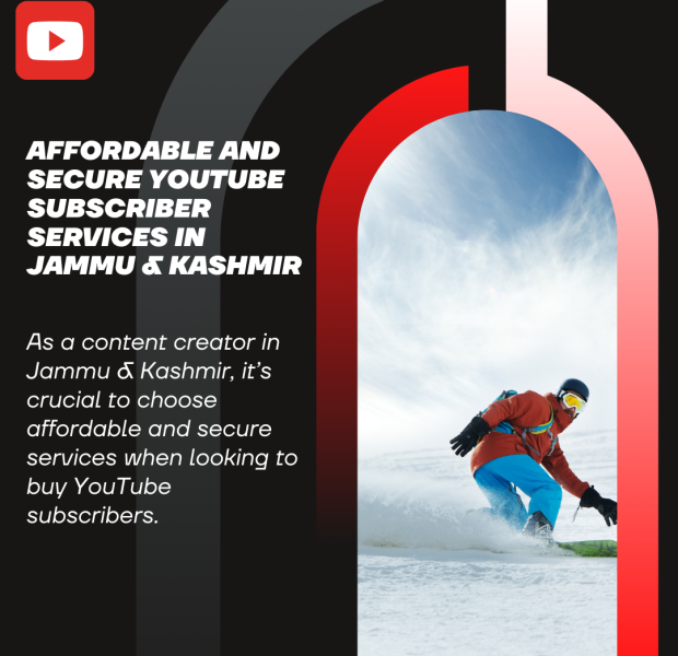 Affordable and Secure YouTube Subscriber Services in Jammu & Kashmir Promotional graphic featuring a skier in motion on a snowy slope, with text reading "Affordable and Secure YouTube Subscriber Services in Jammu & Kashmir,"