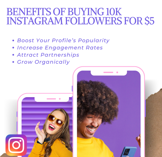 Benefits of Buying 10k Instagram Followers for $5 The text reads, "Benefits of Buying 10K Instagram Followers for $5," followed by bullet points.