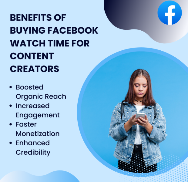 Benefits of Buying Facebook Watch Time for Content Creators A promotional graphic highlighting the benefits of buying Facebook watch time for content creators.