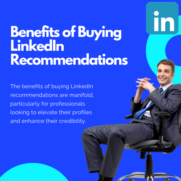 Benefits of Buying LinkedIn Recommendations Professional man in a suit sitting on an office chair with a confident smile, alongside text that reads 'Benefits of Buying LinkedIn Recommendations.
