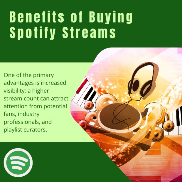 Benefits of Buying Spotify Streams An infographic titled 'Benefits of Buying Spotify Streams' with a vibrant illustration of a turntable, headphones, and musical notes.