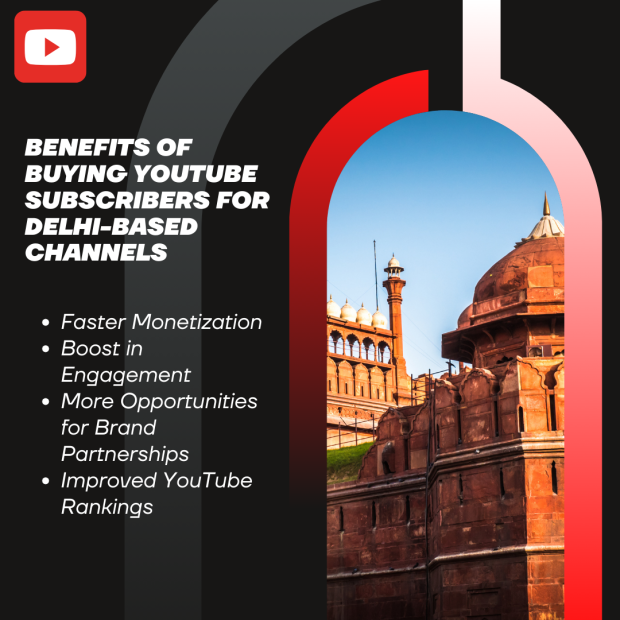 Benefits of Buying YouTube Subscribers for Delhi-Based Channels A photo of Delhi's Red Fort on the right side, with bold white text highlighting the benefits of buying YouTube subscribers for Delhi-based channels.