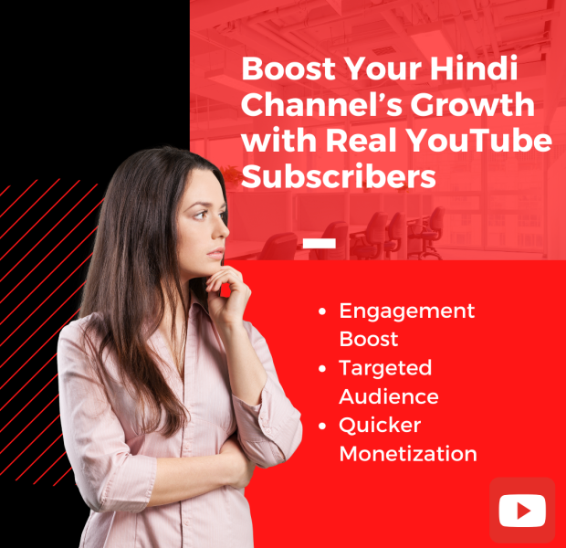 Boost Your Hindi Channel’s Growth with Real YouTube Subscribers A promotional graphic with a red theme featuring a thoughtful woman on the left and the text "Boost Your Hindi Channel’s Growth with Real YouTube Subscribers.