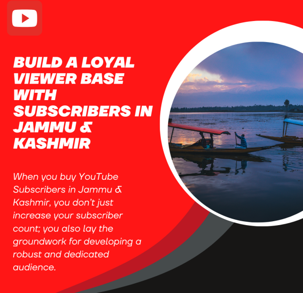 Build a Loyal Viewer Base with Subscribers in Jammu & Kashmir A graphic promoting YouTube subscriber growth in Jammu & Kashmir. It features bold text on a red background and an image of shikaras on Dal Lake during sunset.
