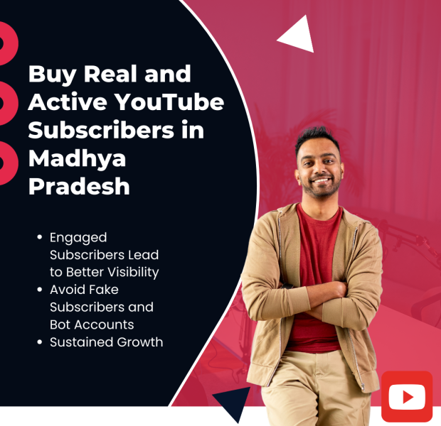 Buy Real and Active YouTube Subscribers in Madhya Pradesh promotional graphic with a split dark navy and pink background featuring the text "Buy Real and Active YouTube Subscribers in Madhya Pradesh."