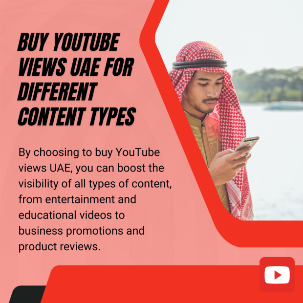 Buy YouTube Views UAE for Different Content Types The text reads, "Buy YouTube Views UAE for Different Content Types," followed by a description.