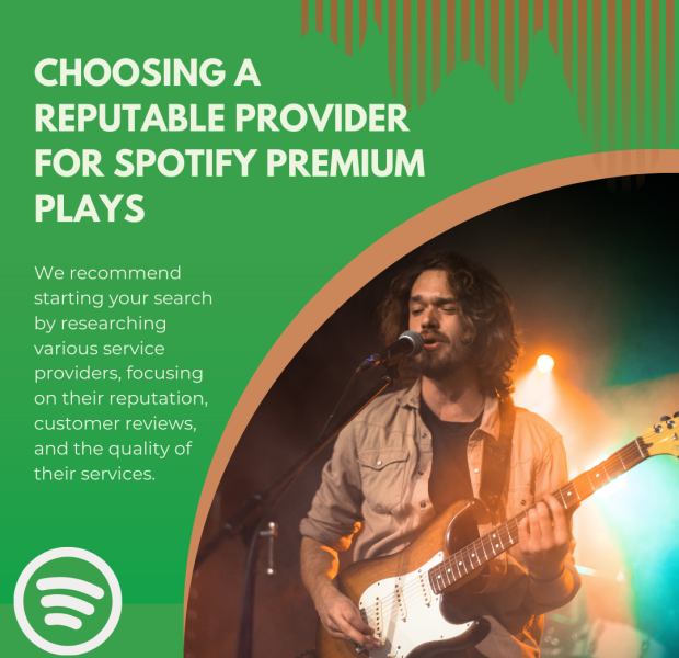 Choosing a Reputable Provider for Spotify Premium Plays Graphic with the title 'Choosing a Reputable Provider for Spotify Premium Plays,' featuring a live performance image of a guitarist singing into a microphone with colorful stage lighting.