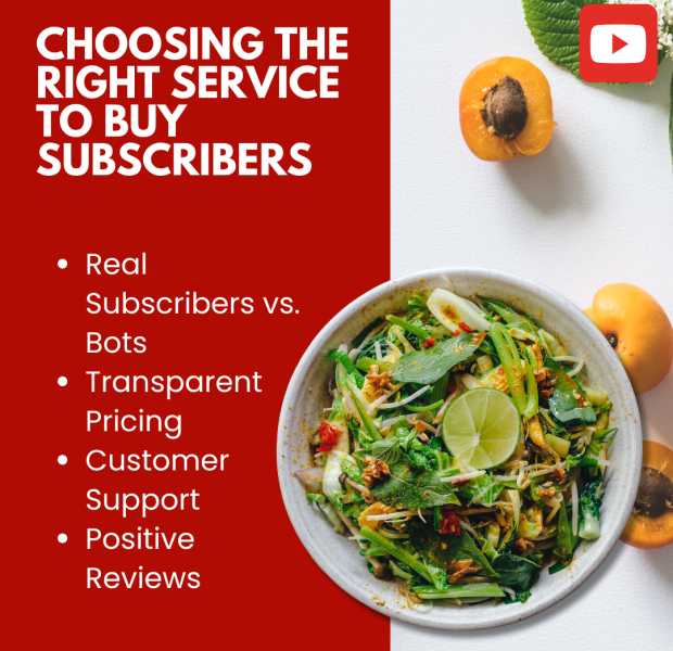 Choosing the Right Service to Buy Subscribers A bowl of vibrant green salad with lime garnish alongside bold text "Choosing the Right Service to Buy Subscribers" listing key points about real subscribers, transparent pricing, customer support, and positive reviews.