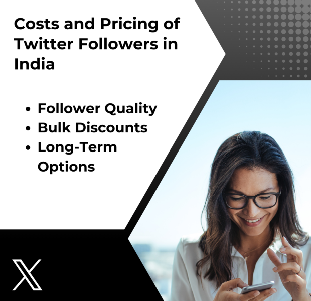 Costs and Pricing of Twitter Followers in India A smiling woman with glasses looks at her smartphone against a light background. The text on the image reads, "Costs and Pricing of Twitter Followers in India," with a list of features.