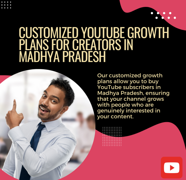 Customized YouTube Growth Plans for Creators in Madhya Pradesh A professional man in a white shirt and blue tie, smiling and pointing to the left, against a blurred office background. The image features text that reads: "Customized YouTube Growth Plans for Creators in Madhya Pradesh.