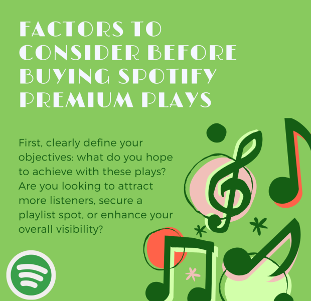 Factors to Consider Before Buying Spotify Premium Plays A Spotify-themed graphic with a green background featuring playful illustrations of colorful music notes and a treble clef. The headline reads, "Factors to Consider Before Buying Spotify Premium Plays."