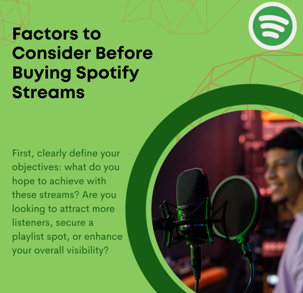 Factors to Consider Before Buying Spotify Streams A graphic with the title "Factors to Consider Before Buying Spotify Streams" on a green background.