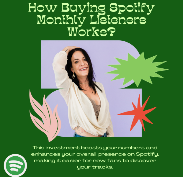 How Buying Spotify Monthly Listeners Works A promotional graphic with the text "How Buying Spotify Monthly Listeners Works?" featuring a smiling woman in casual attire.