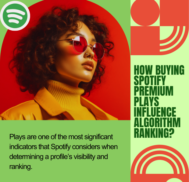 How Buying Spotify Premium Plays Influence Algorithm Ranking A promotional graphic with the text "How Buying Spotify Premium Plays Influence Algorithm Ranking?" featuring a woman wearing red sunglasses and a yellow outfit against a vibrant red background.