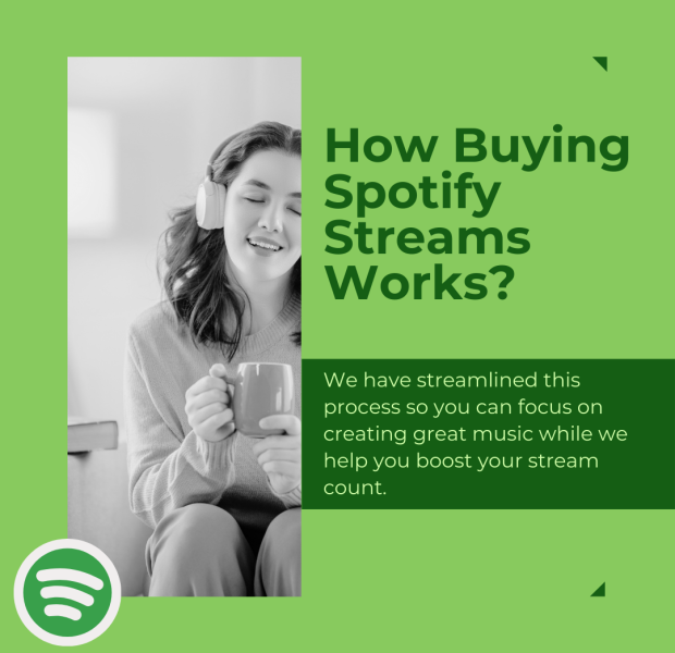 How Buying Spotify Streams Works A graphic titled "How Buying Spotify Streams Works?" on a green background.