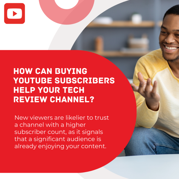 How Can Buying YouTube Subscribers Help Your Tech Review Channel Text discussing the benefits of buying YouTube subscribers for a tech review channel on a red and white background.