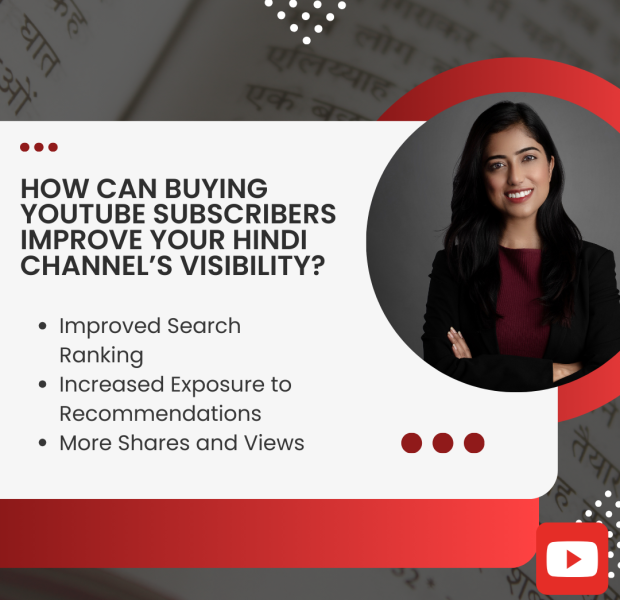 How Can Buying YouTube Subscribers Improve Your Hindi Channel’s Visibility A professional woman in a black blazer smiles confidently, with a promotional banner discussing how buying YouTube subscribers can enhance a Hindi channel's visibility.