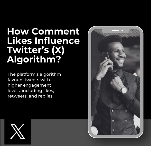 How Comment Likes Influence Twitter’s (X) Algorithm A graphic with the text 'How Comment Likes Influence Twitter’s (X) Algorithm?' alongside a smartphone displaying a smiling man in formal attire.