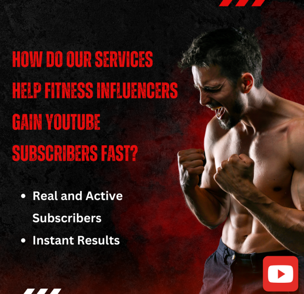 How Do Our Services Help Fitness Influencers Gain YouTube Subscribers Fast A muscular man in a triumphant pose with a dark and intense background, accompanied by text explaining how services help fitness influencers gain YouTube subscribers quickly.