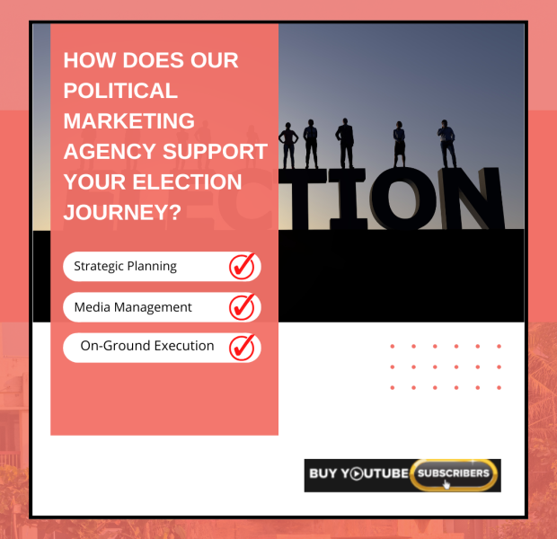 How Does Our Political Marketing Agency Support Your Election Journey A promotional graphic for a political marketing agency highlighting their support for election campaigns through strategic planning, media management, and on-ground execution.