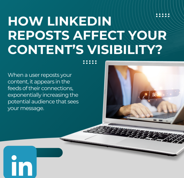 How LinkedIn Reposts Affect Your Content’s Visibility A graphic titled 'How LinkedIn Reposts Affect Your Content’s Visibility?' featuring a laptop displaying hands typing on a keyboard with a glowing 'SEO' icon.