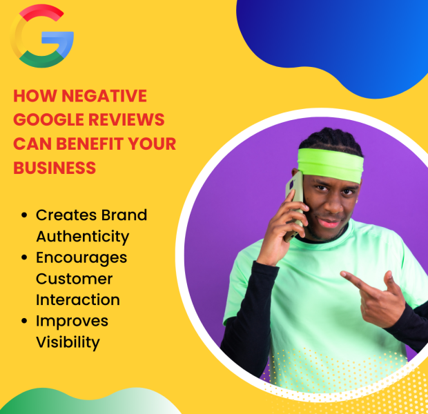 How Negative Google Reviews Can Benefit Your Business A promotional graphic explaining how negative Google reviews can benefit a business, with a man in a green outfit talking on the phone and pointing toward the text.