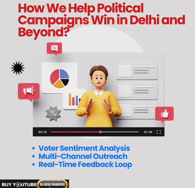 How We Help Political Campaigns Win in Delhi and Beyond "How We Help Political Campaigns Win in Delhi and Beyond?" with an animated figure, graphs, and icons illustrating campaign strategies.