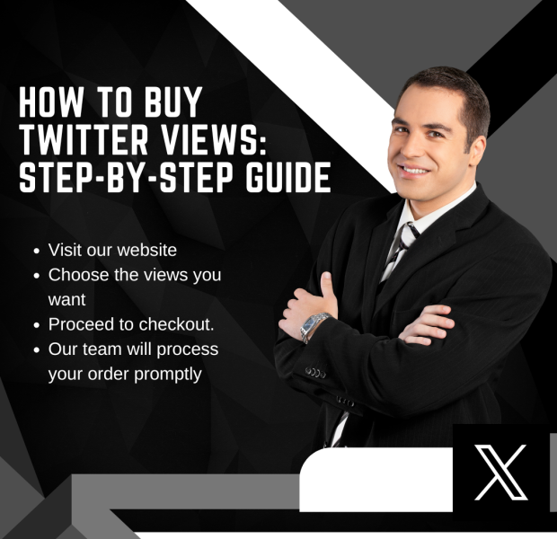 How to Buy Twitter Views_ Step-by-Step Guide The text reads, "How to Buy Twitter Views: Step-by-Step Guide," with bullet points: "Visit our website, Choose the views you want, Proceed to checkout, Our team will process your order promptly."