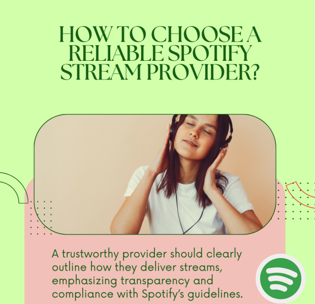How to Choose a Reliable Spotify Stream Provider A graphic with the title "How to Choose a Reliable Spotify Stream Provider?" showing a young woman listening to music with headphones, looking relaxed.