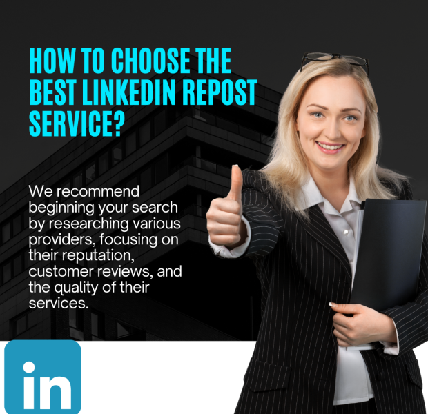 How to Choose the Best LinkedIn Repost Service A smiling woman in a professional pinstripe suit holds a folder and gives a thumbs-up gesture. The text on the image reads, "How to Choose the Best LinkedIn Repost Service?