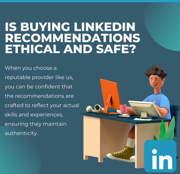 Is Buying LinkedIn Recommendations Ethical and Safe digital illustration of a person sitting at a desk, working on a computer, alongside text that reads, "Is Buying LinkedIn Recommendations Ethical and Safe?