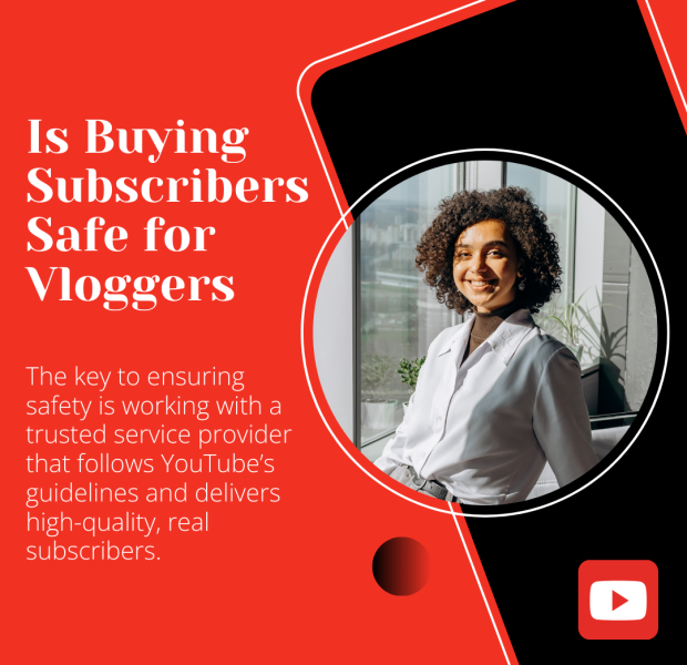Is Buying Subscribers Safe for Vloggers "Is Buying Subscribers Safe for Vloggers?" with a smiling woman in a white outfit sitting by a window, framed within a bold red and black design.