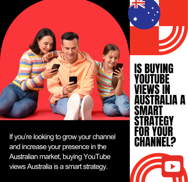 Is Buying YouTube Views in Australia a Smart Strategy for Your Channel The background features a bright red semicircle with text on the right asking, "Is buying YouTube views in Australia a smart strategy for your channel?"