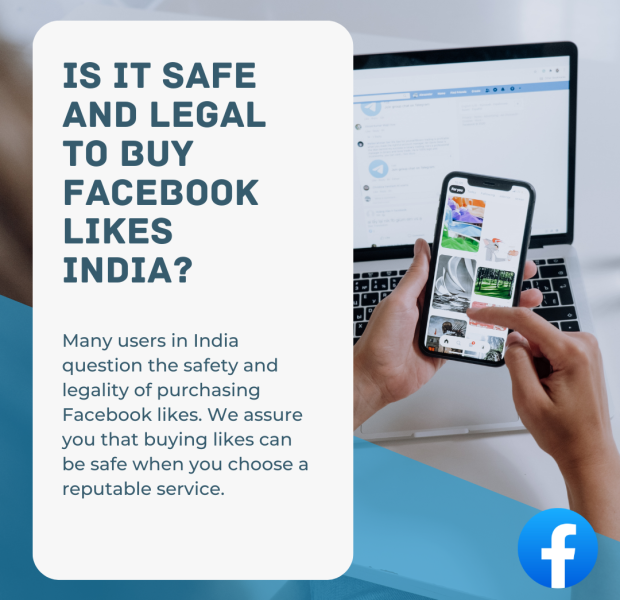 Is It Safe and Legal to Buy Facebook Likes India The text overlay reads, "Is it safe and legal to buy Facebook likes India?" Below, it says, "Many users in India question the safety and legality of purchasing Facebook likes.