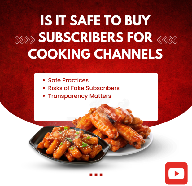 Is It Safe to Buy Subscribers for Cooking Channels A vibrant graphic asking, "Is it safe to buy subscribers for cooking channels?" with a list of key points: safe practices, risks of fake subscribers, and transparency matters.