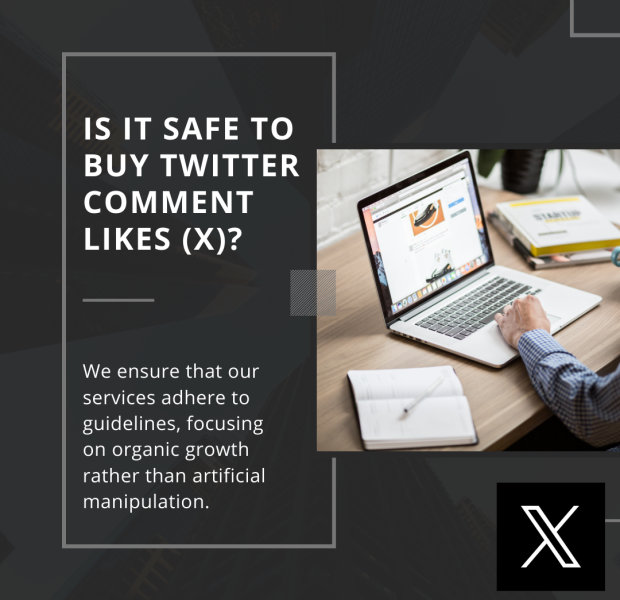 Is it Safe to Buy Twitter Comment Likes (X) The text overlay reads, "Is it safe to buy Twitter comment likes (X)?" Below, it states, "We ensure that our services adhere to guidelines, focusing on organic growth rather than artificial manipulation."