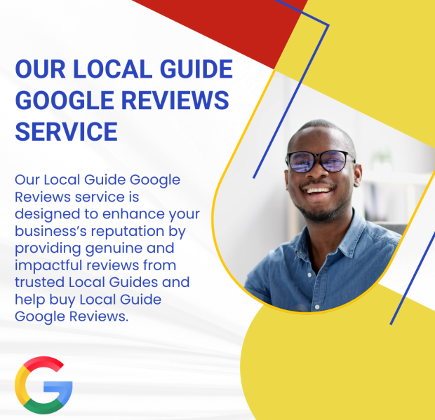 Our Local Guide Google Reviews Service A promotional graphic for a "Local Guide Google Reviews Service" featuring a smiling man wearing glasses in a professional setting.